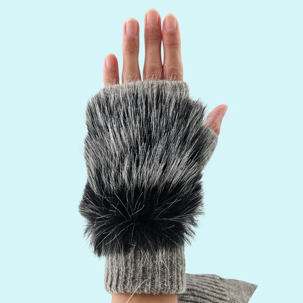 Adrienne Landau Gloves Fingerless Grey Snow Wool Blend Faux Fur Cottagecore Gift